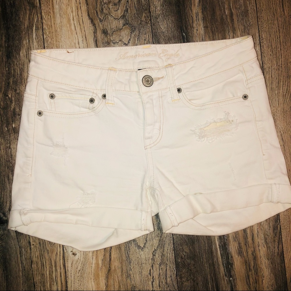 American Eagle White Distressed Denim Shorts